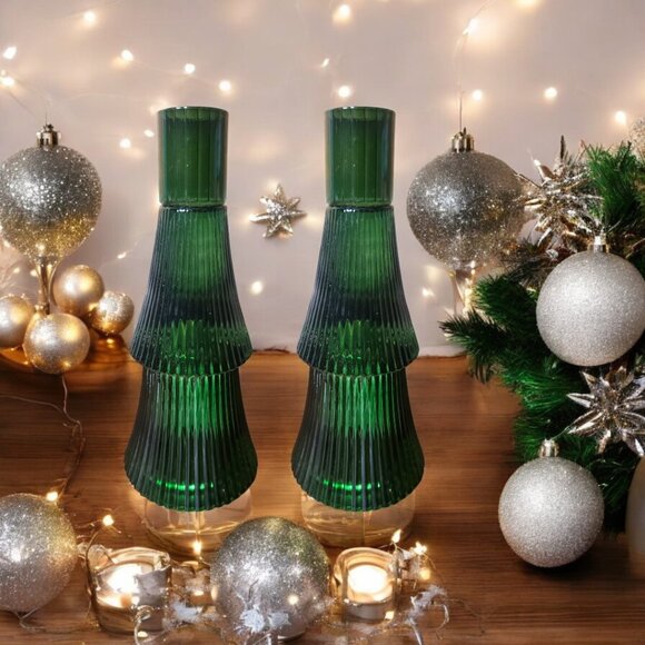 Christmas Tree Tapered Candle Holders - Set of 2 - Forest Green Glass - Picture 3 of 5
